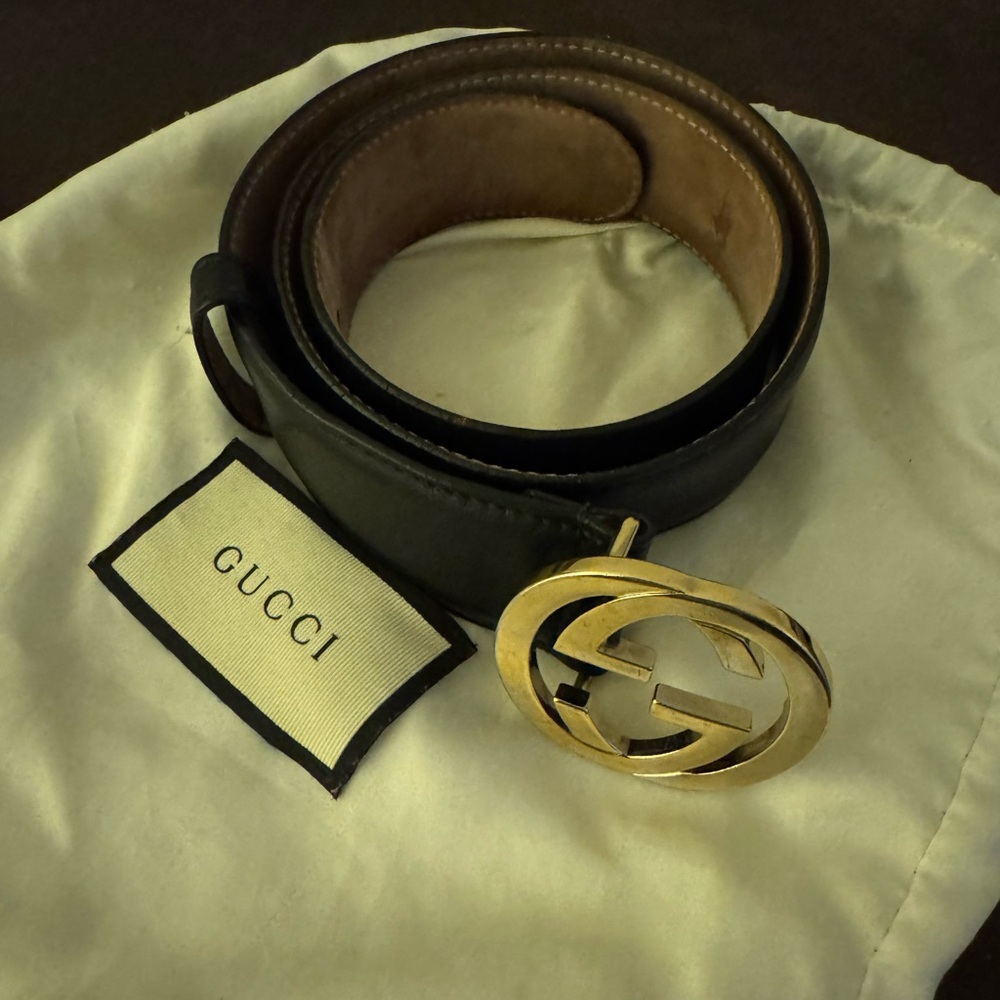 Gucci Dark Leather Belt with Gold Emblem Buckle